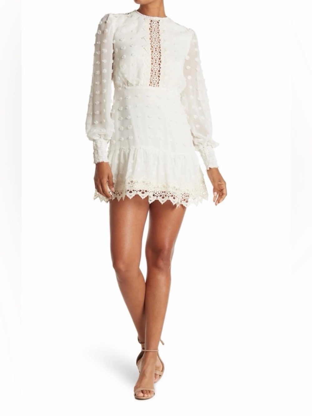 White Lace Trim Swiss Dot Long Sleeve Mini Dress